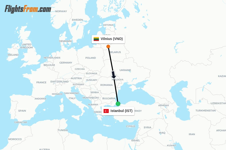Flights from Vilnius to Istanbul route map
