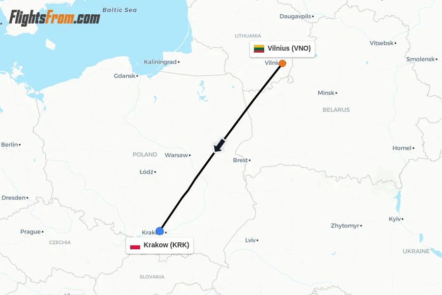 Flights from Vilnius to Krakow route map