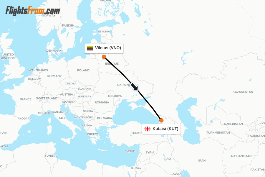 Flights from Vilnius to Kutaisi route map