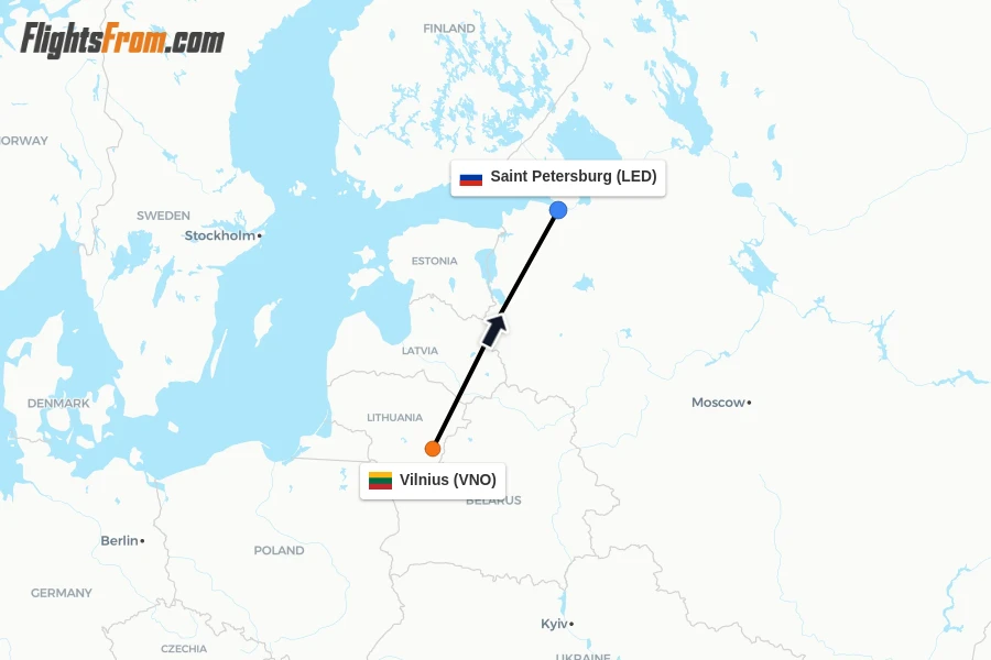 Flights from Vilnius to Saint Petersburg route map