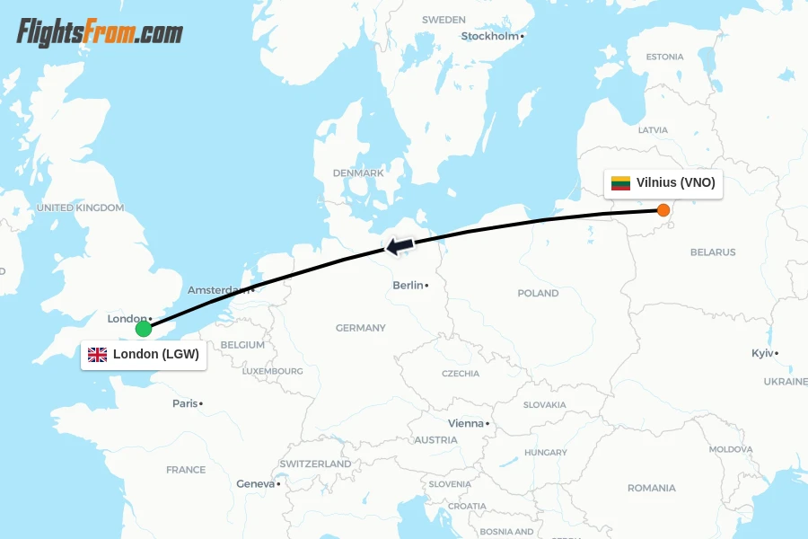 Flights from Vilnius to London route map