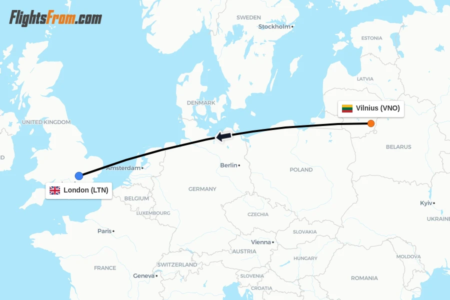 Flights from Vilnius to London route map