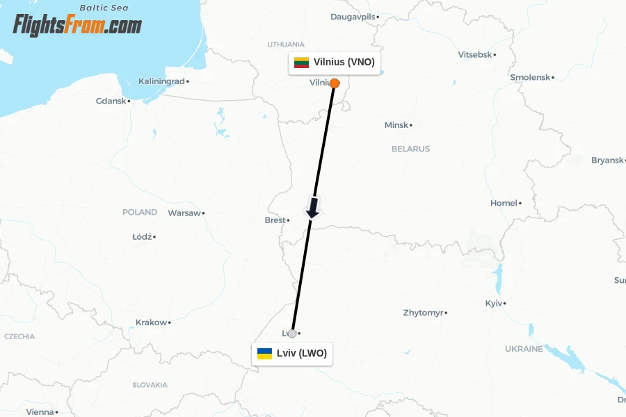 Flights from Vilnius to Lviv route map
