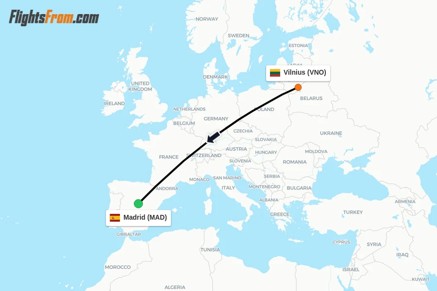 Flights from Vilnius to Madrid route map