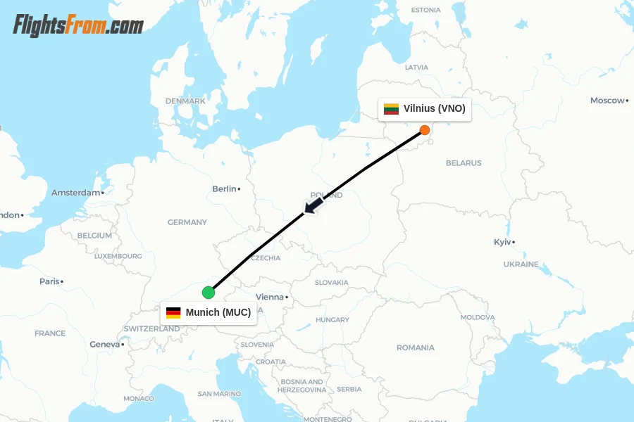 Flights from Vilnius to Munich route map