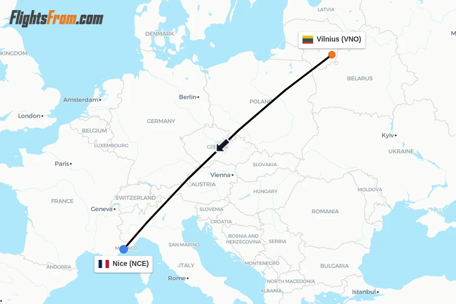 Flights from Vilnius to Nice route map