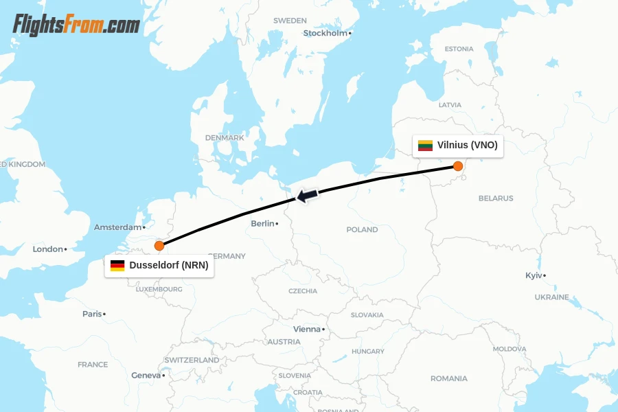 Flights from Vilnius to Dusseldorf route map