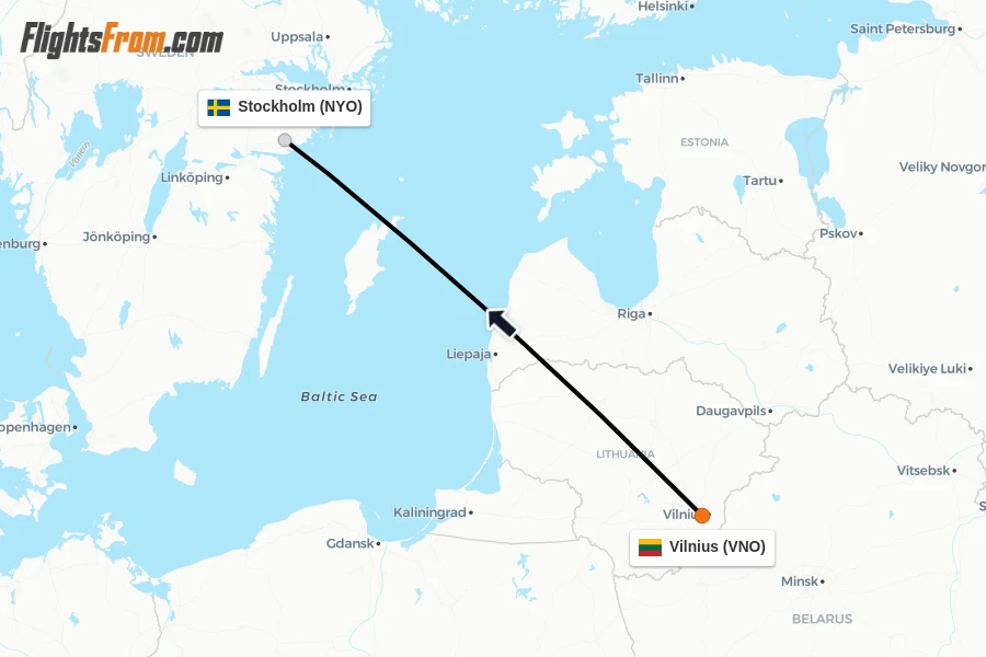Flights from Vilnius to Stockholm route map