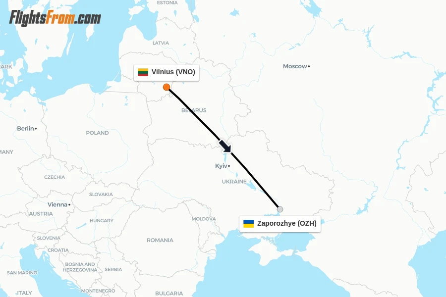 Flights from Vilnius to Zaporozhye route map