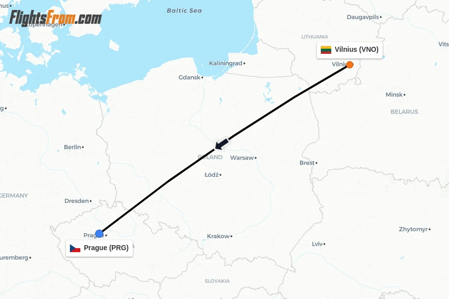 Flights from Vilnius to Prague route map
