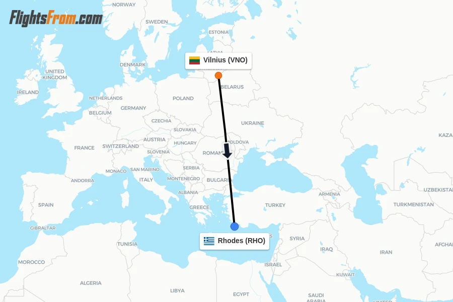 Flights from Vilnius to Rhodes route map