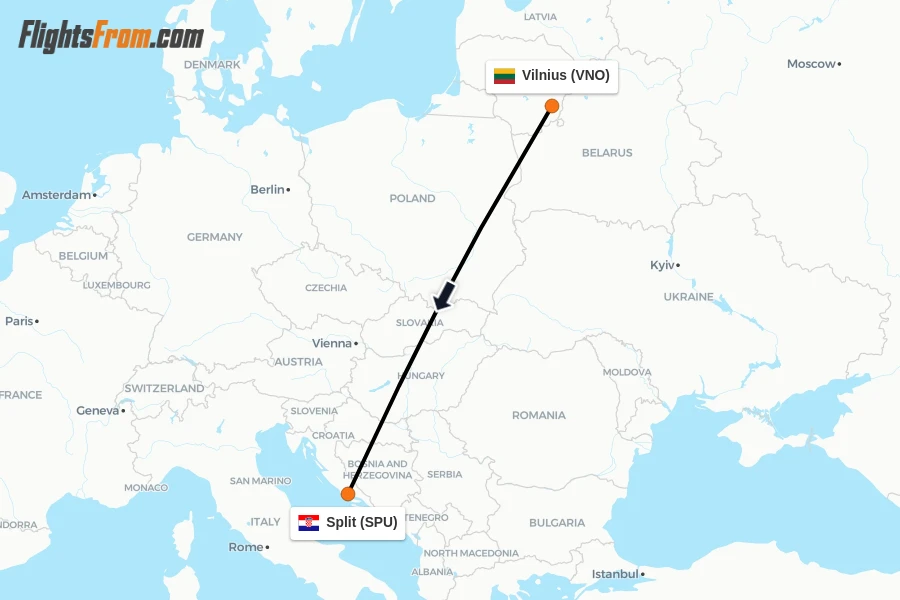 Flights from Vilnius to Split route map