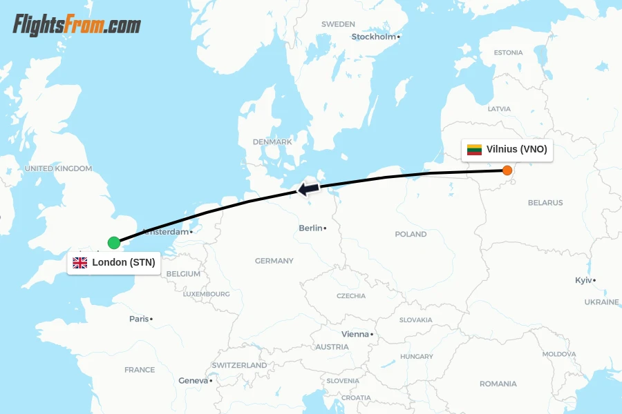 Flights from Vilnius to London route map
