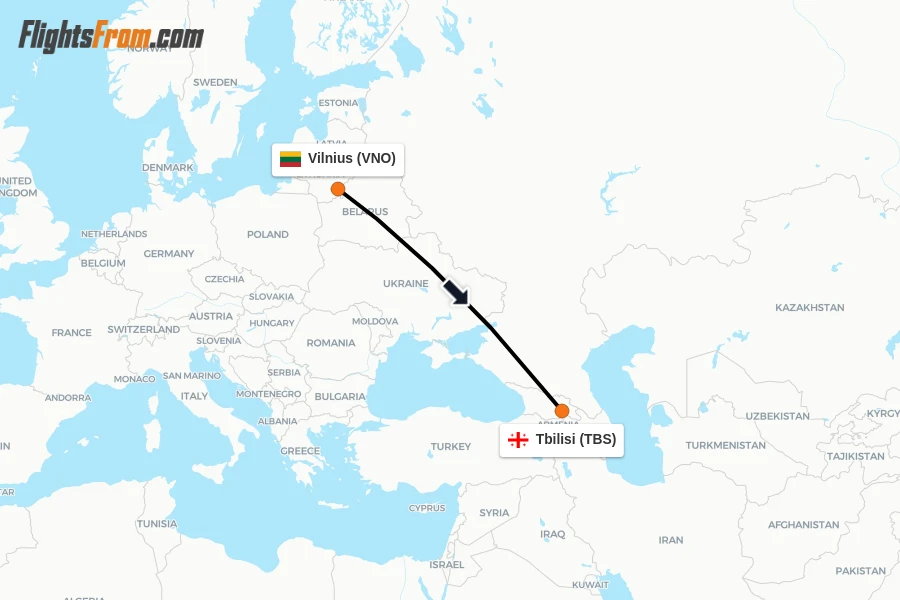 Flights from Vilnius to Tbilisi route map