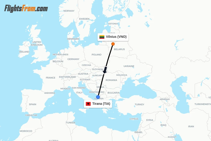 Flights from Vilnius to Tirana route map