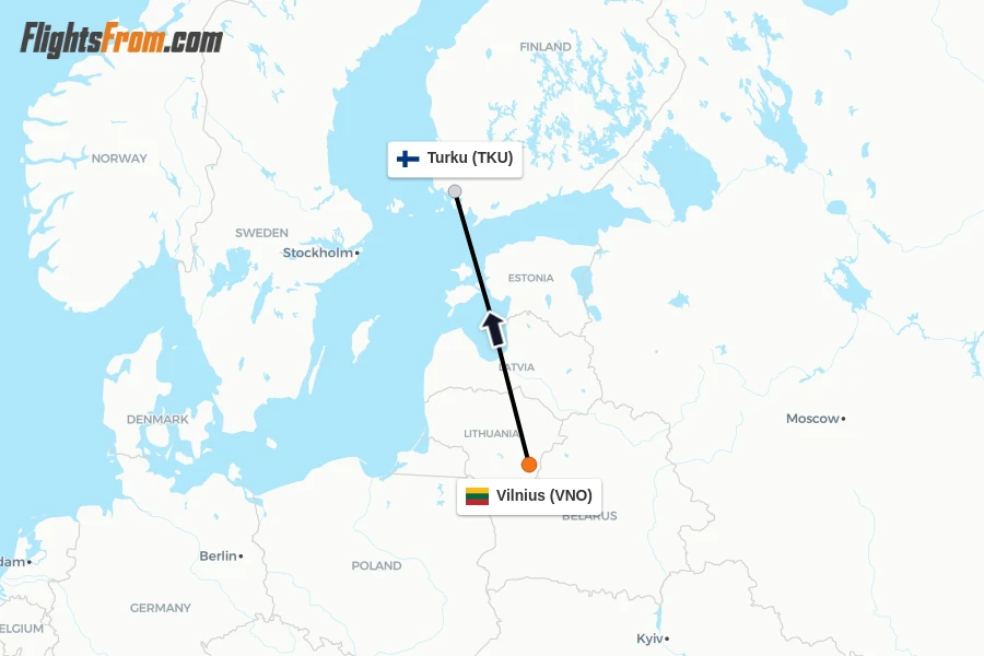 Flights from Vilnius to Turku route map