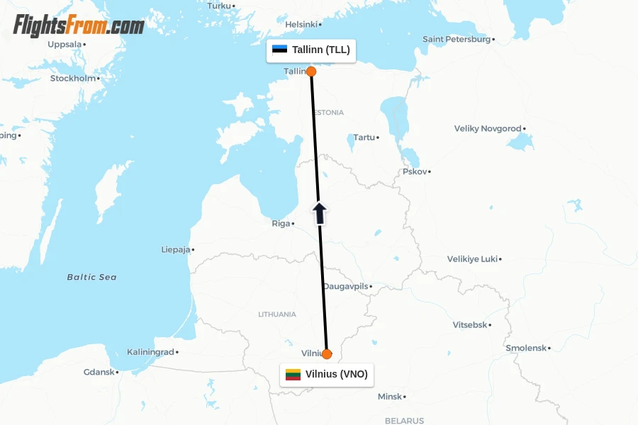 Flights from Vilnius to Tallinn route map