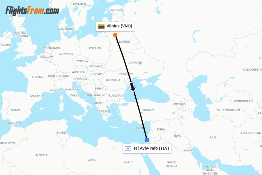 Flights from Vilnius to Tel Aviv-Yafo route map