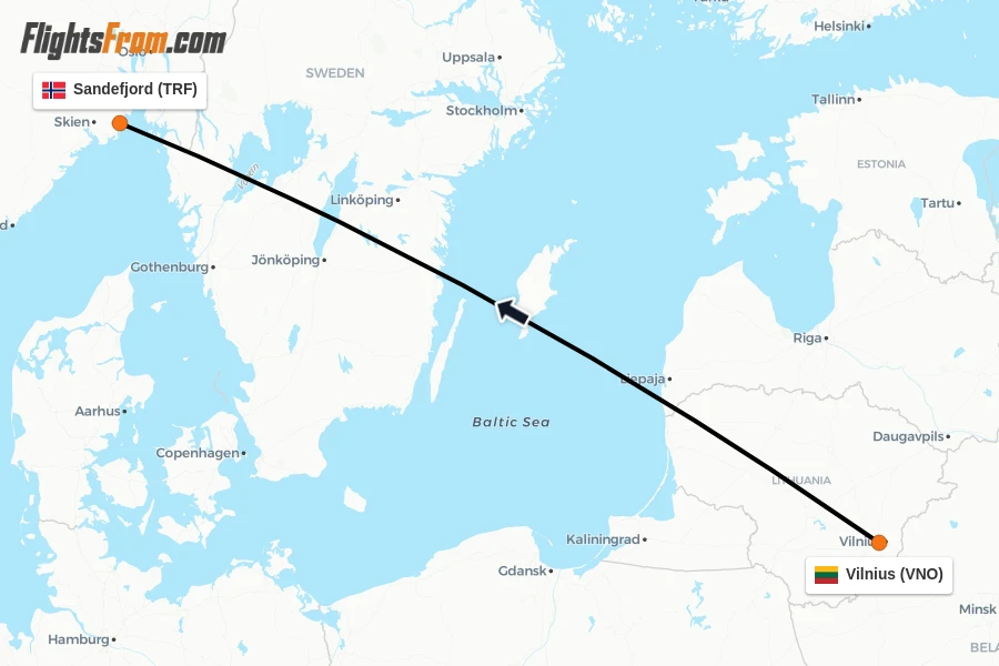 Flights from Vilnius to Sandefjord route map