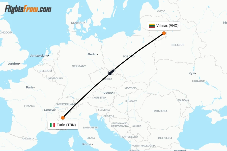 Flights from Vilnius to Turin route map