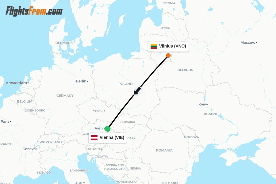 Flights from Vilnius to Vienna route map