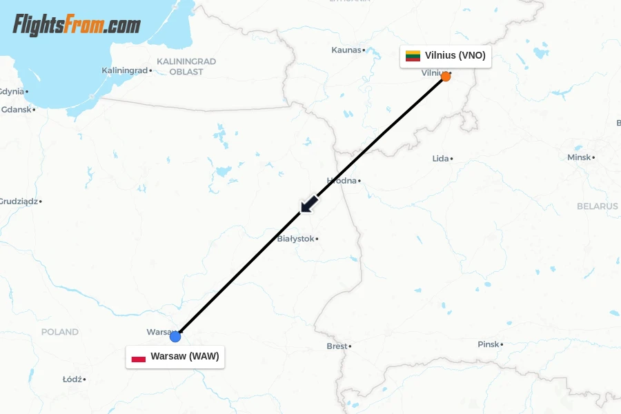 Flights from Vilnius to Warsaw route map