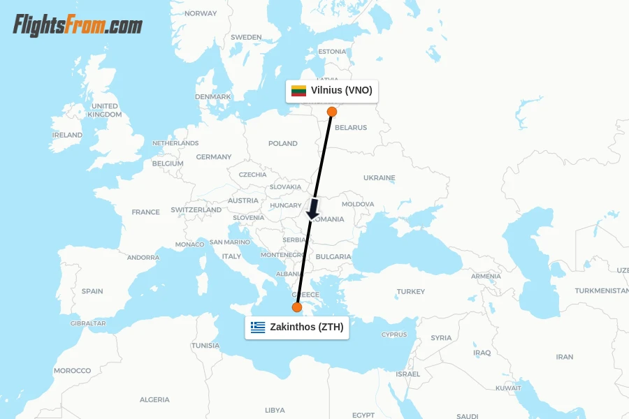 Flights from Vilnius to Zakinthos route map