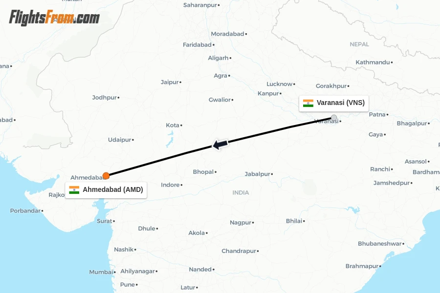 Flights from Varanasi to Ahmedabad route map