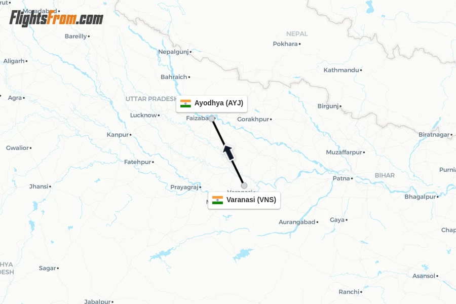 Flights from Varanasi to Ayodhya route map