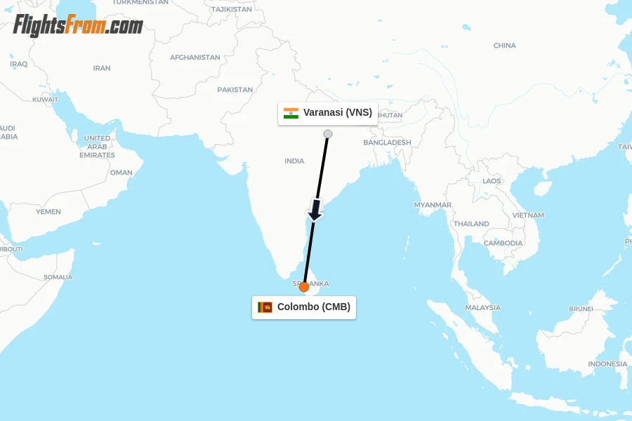 Flights from Varanasi to Colombo route map