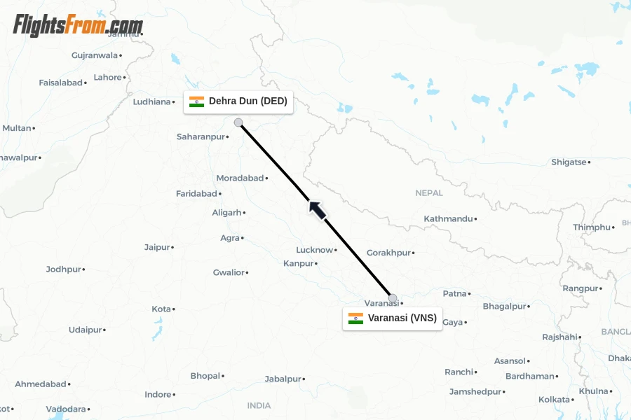 Flights from Varanasi to Dehra Dun route map