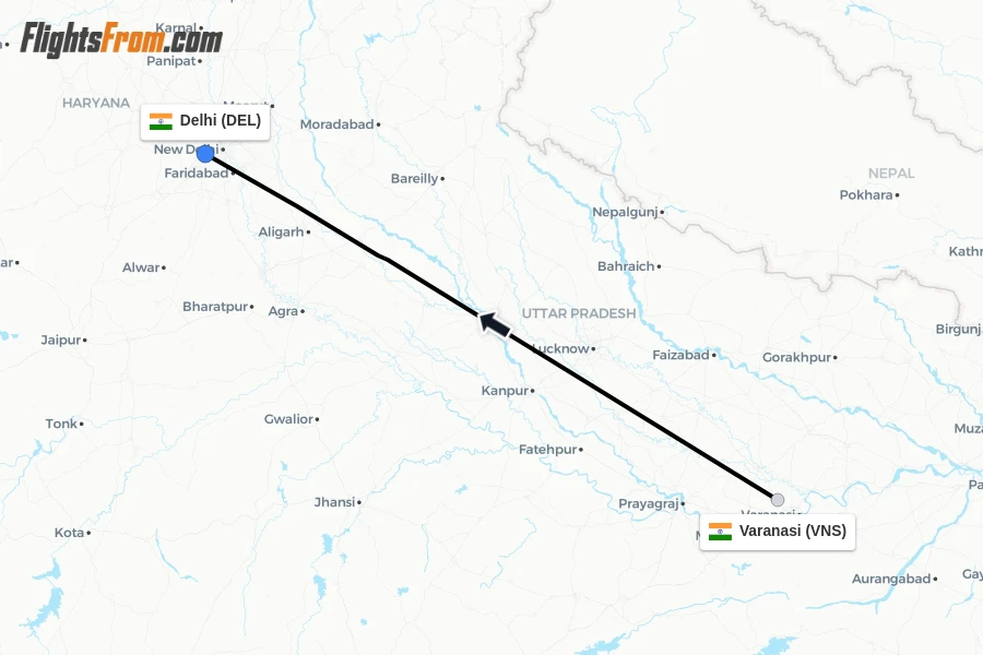 Flights from Varanasi to Delhi route map