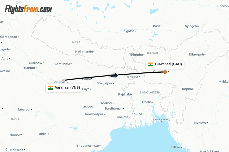 Flights from Varanasi to Guwahati route map