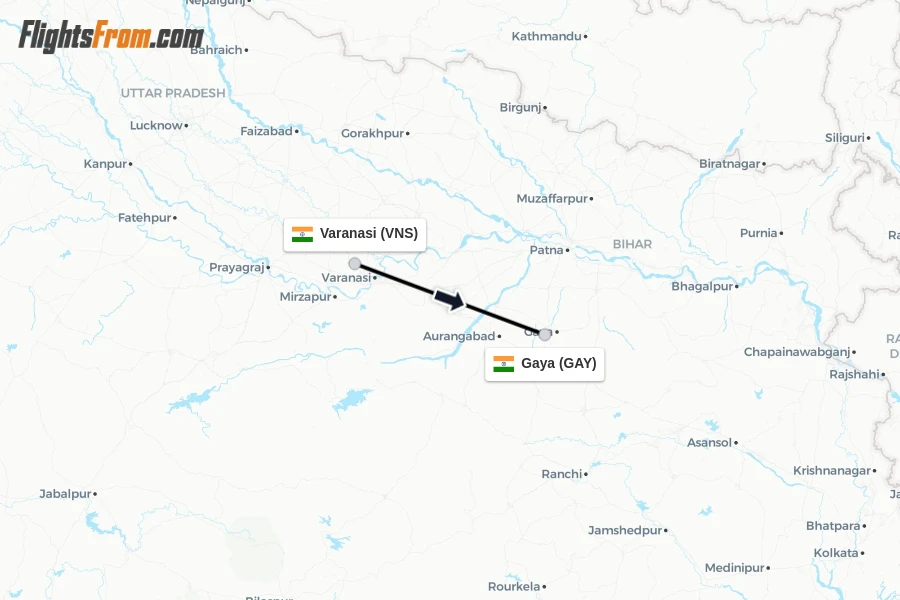 Flights from Varanasi to Gaya route map