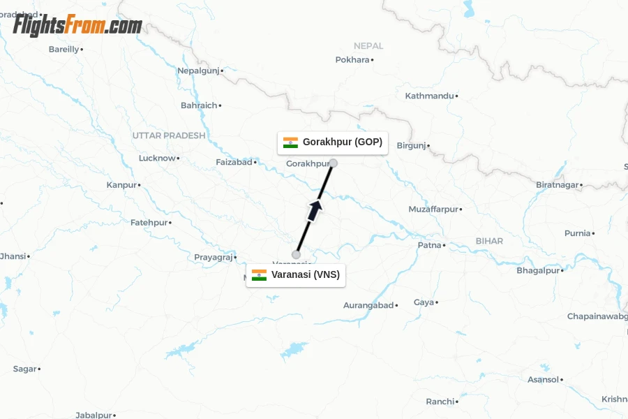Flights from Varanasi to Gorakhpur route map