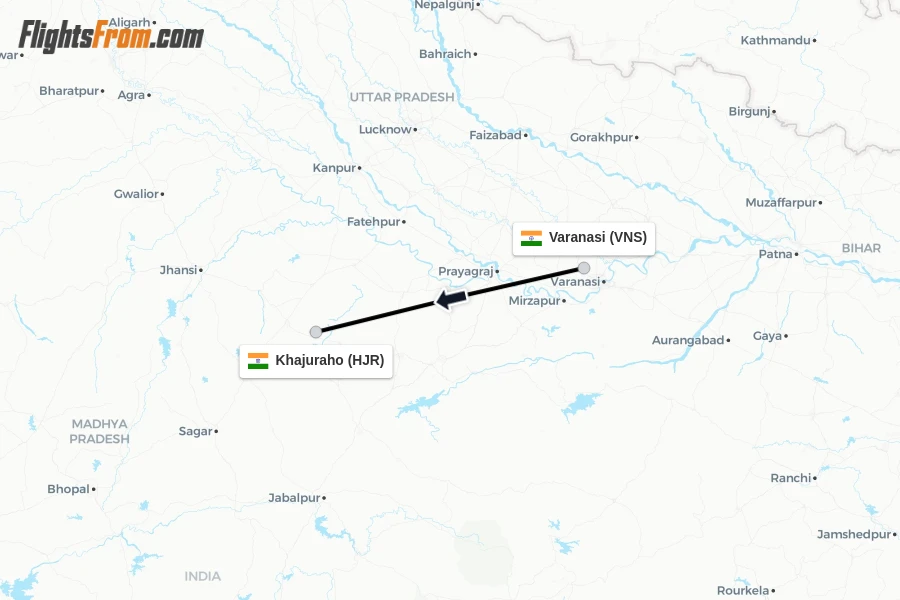 Flights from Varanasi to Khajuraho route map
