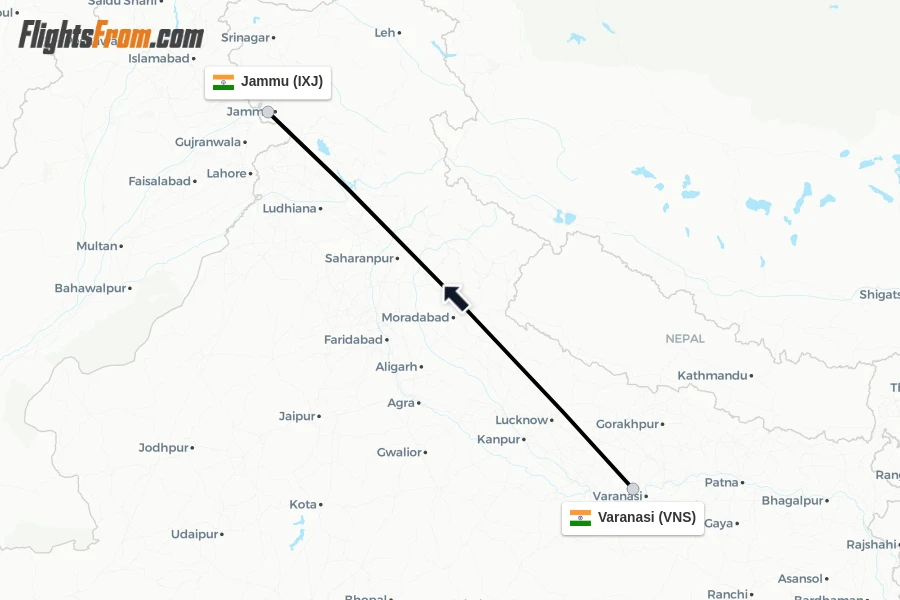 Flights from Varanasi to Jammu route map