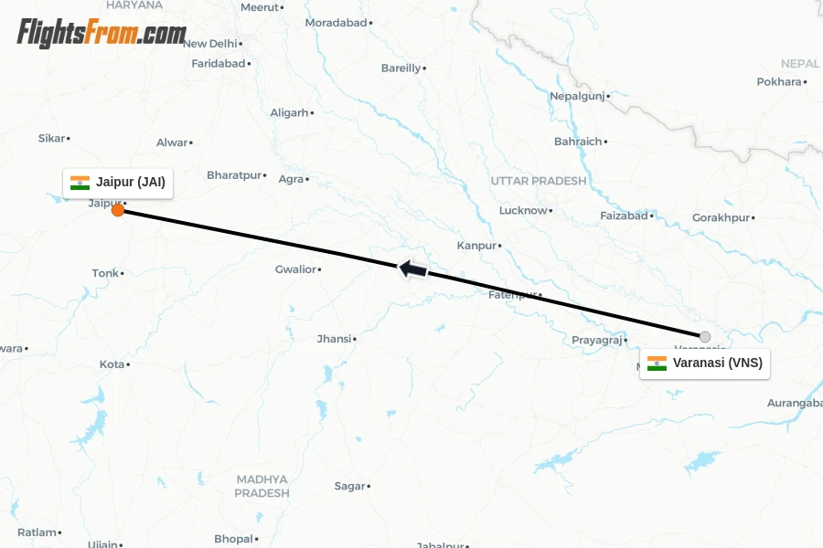 Flights from Varanasi to Jaipur route map