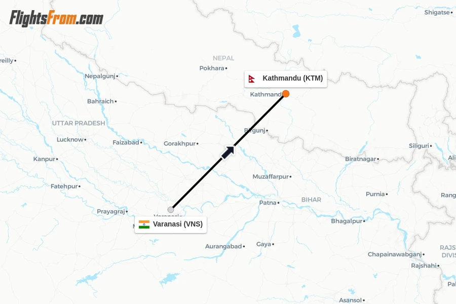 Flights from Varanasi to Kathmandu route map