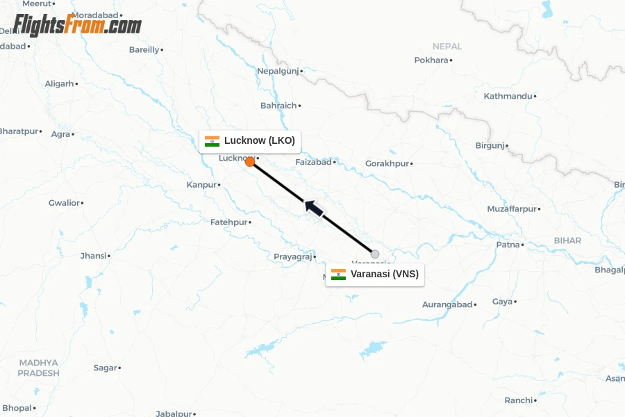 Flights from Varanasi to Lucknow route map