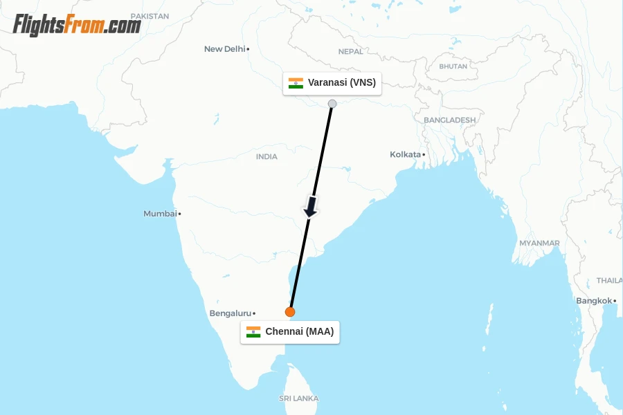 Flights from Varanasi to Chennai route map