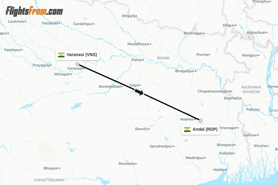 Flights from Varanasi to Andal route map