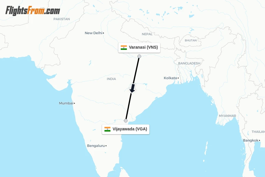 Flights from Varanasi to Vijayawada route map