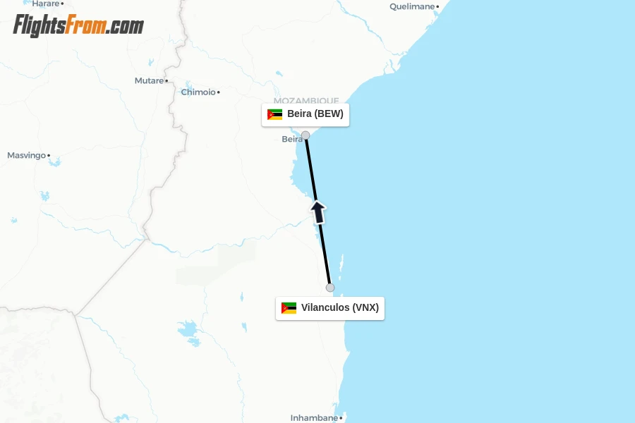 Flights from Vilanculos to Beira route map