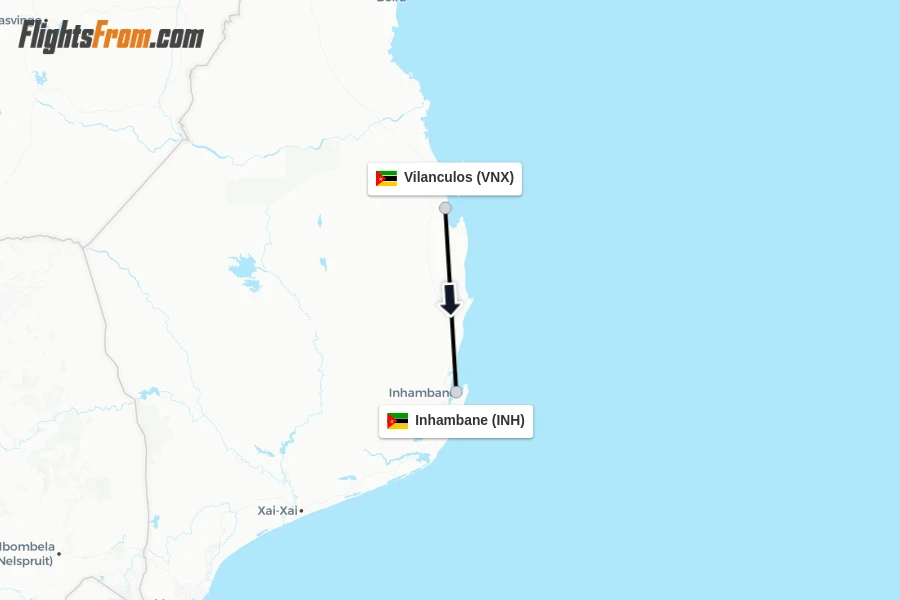 Flights from Vilanculos to Inhambane route map