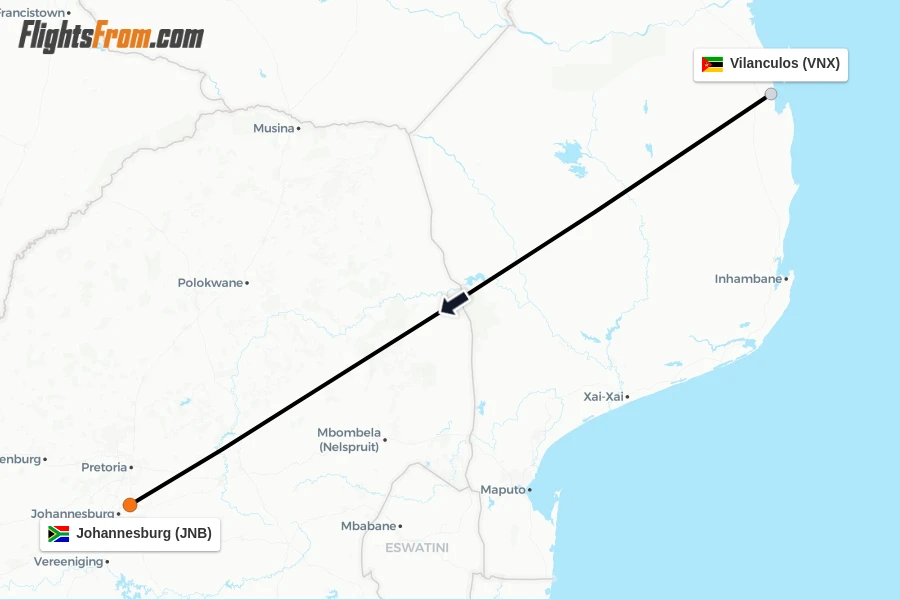 Flights from Vilanculos to Johannesburg route map