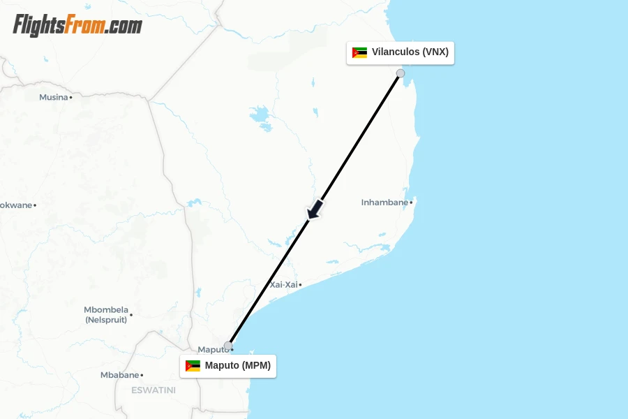 Flights from Vilanculos to Maputo route map