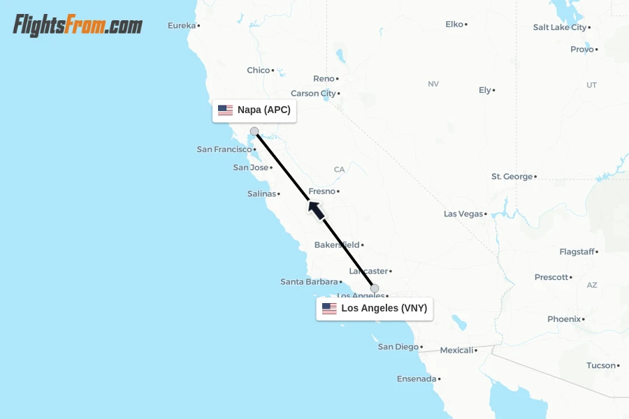 Flights from Los Angeles to Napa route map
