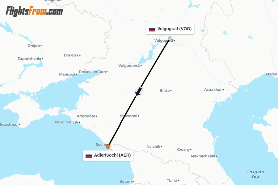Flights from Volgograd to Adler/Sochi route map