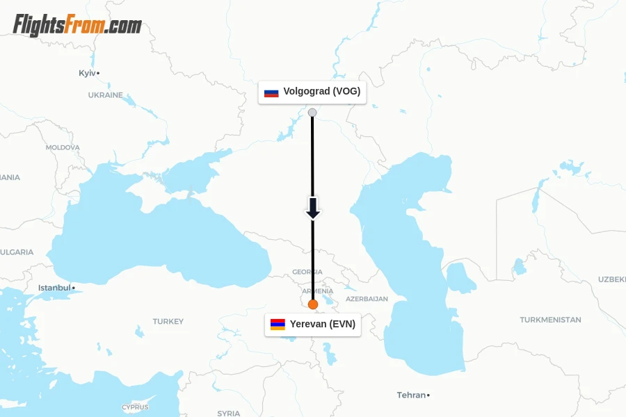 Flights from Volgograd to Yerevan route map